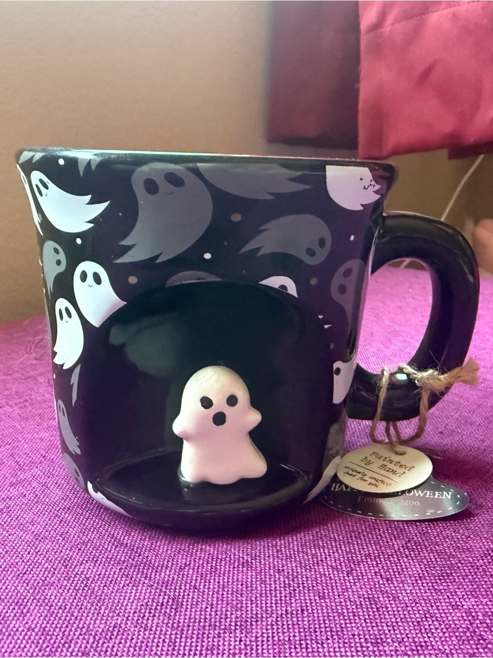 Rare Ghost Pattern Ceramic Mug with 3D Ghost Accent - Black & White